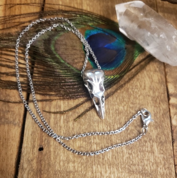 Pagan Raven Skull Necklace & Earrings Jewelry Set Horror Witchy Viking Jewelry - Picture 9 of 16